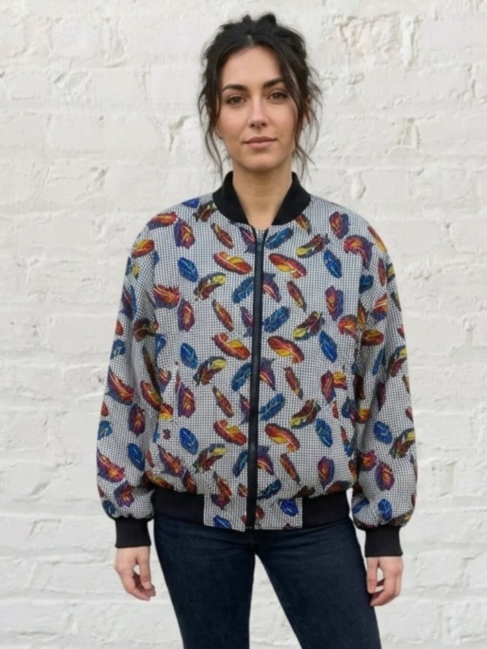 VTG 80s Carol Horn 100% Silk Houndstooth Multicolor Feather Bomber Jacket M